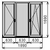 Пластиковое окно трехстворчатое 1890х1690 мм